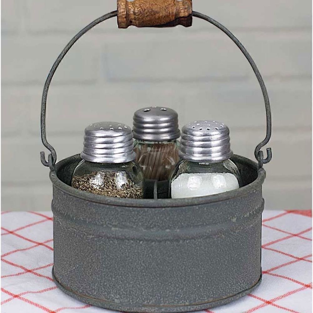 NEW! Farmhouse Galvanized Gray Metal Bucket Mason Salt Pepper Toothpick Holders